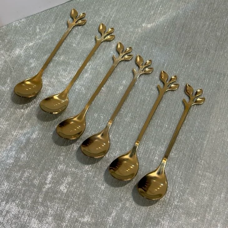 قاشق چای خوری-مدل برگ- طلایی-6 عددی